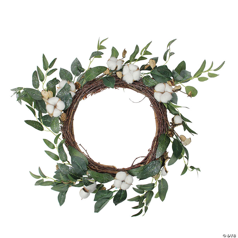 White Cotton Flowers with Foliage Spring Twig Wreath 18" Image