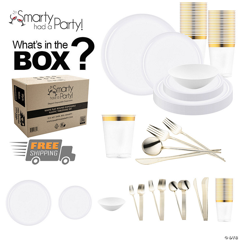 White Flat Round Disposable Plastic Tableware Set - 60 Settings Image
