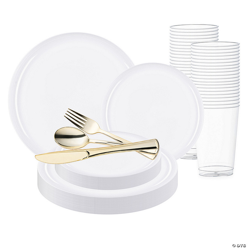 White Flat Round Disposable Plastic Wedding Value Set - 120 Settings Image