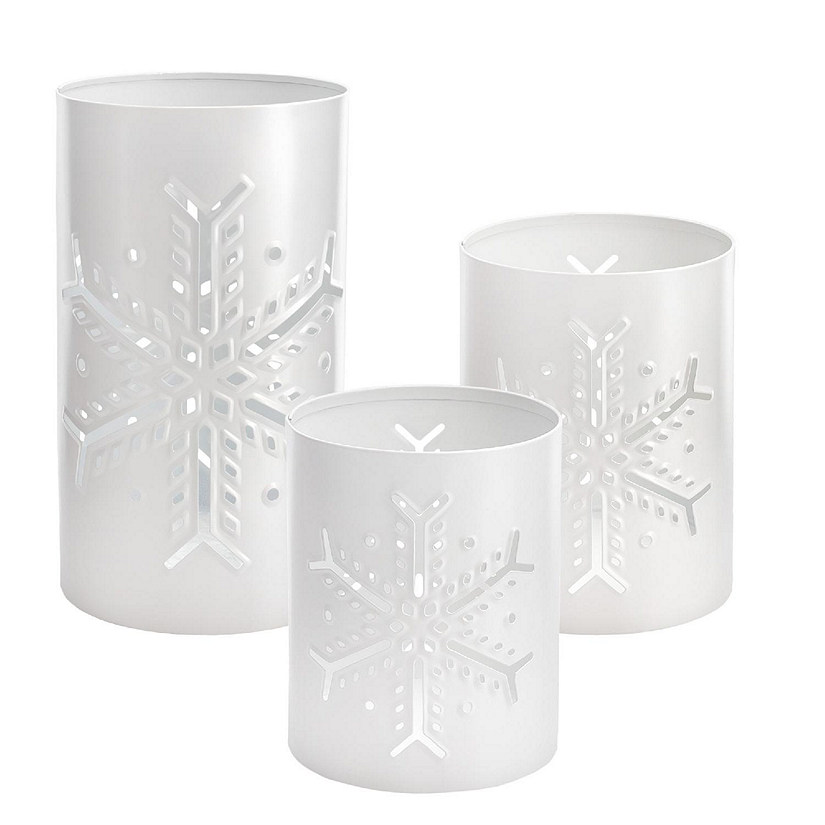 White Galvanized Snowflake Candle Lanterns 3pc Set, for Christmas Pillars Image