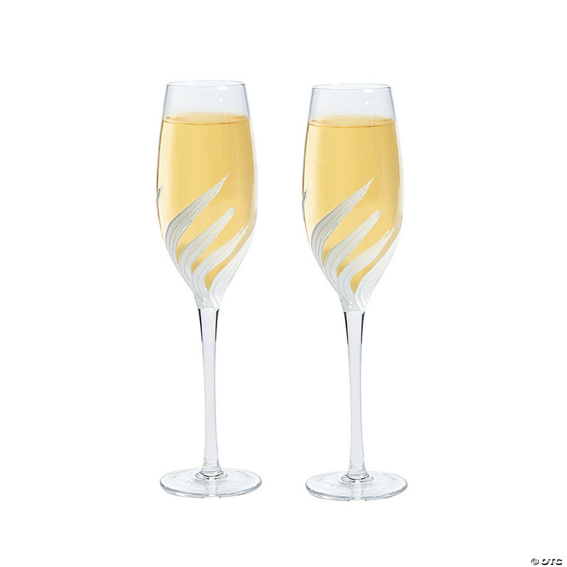 White Glitter Trim Wedding Toasting Glass Champagne Flutes - 2 Ct. Image