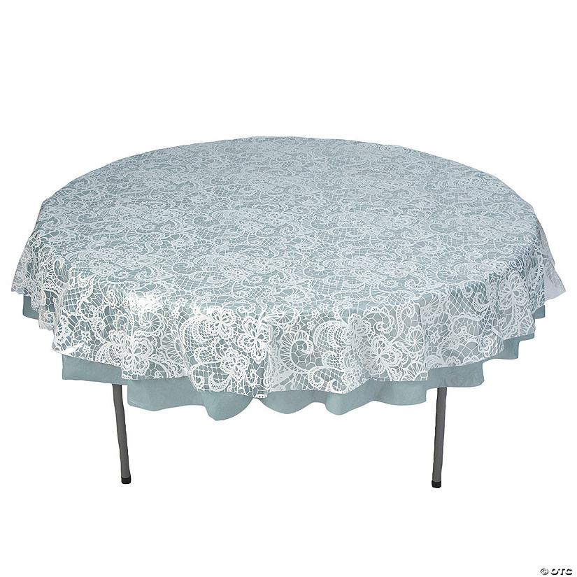 White Lace-Printed &amp; Solid Color Round Disposable Plastic Tablecloth Kit - 2 Pc. Image