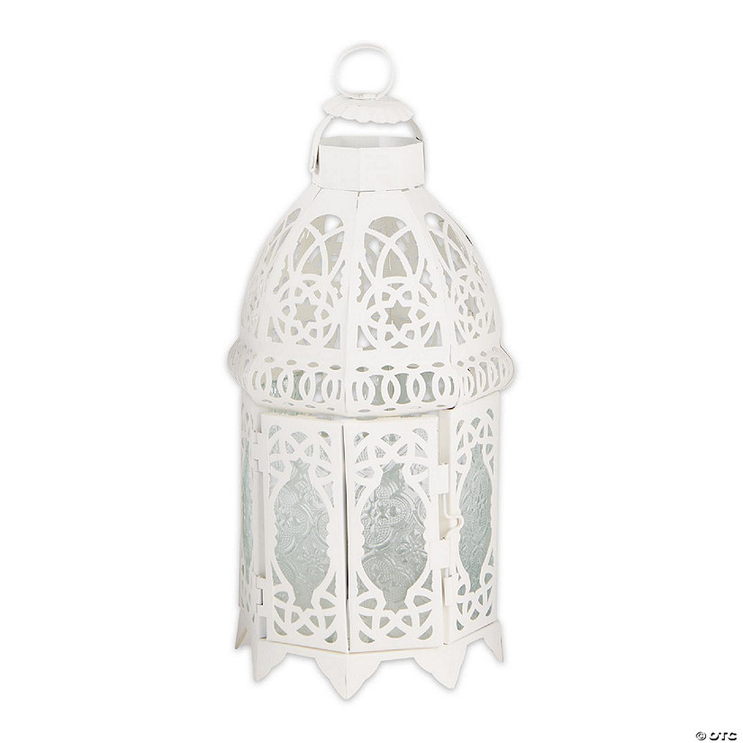 White Lattice Moroccan Style Hanging Candle Lantern 12" Tall Image
