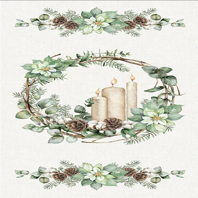 White Linen Christmas Wreath Candles Panel 23x43 Cotton Fabric by Northcott Image
