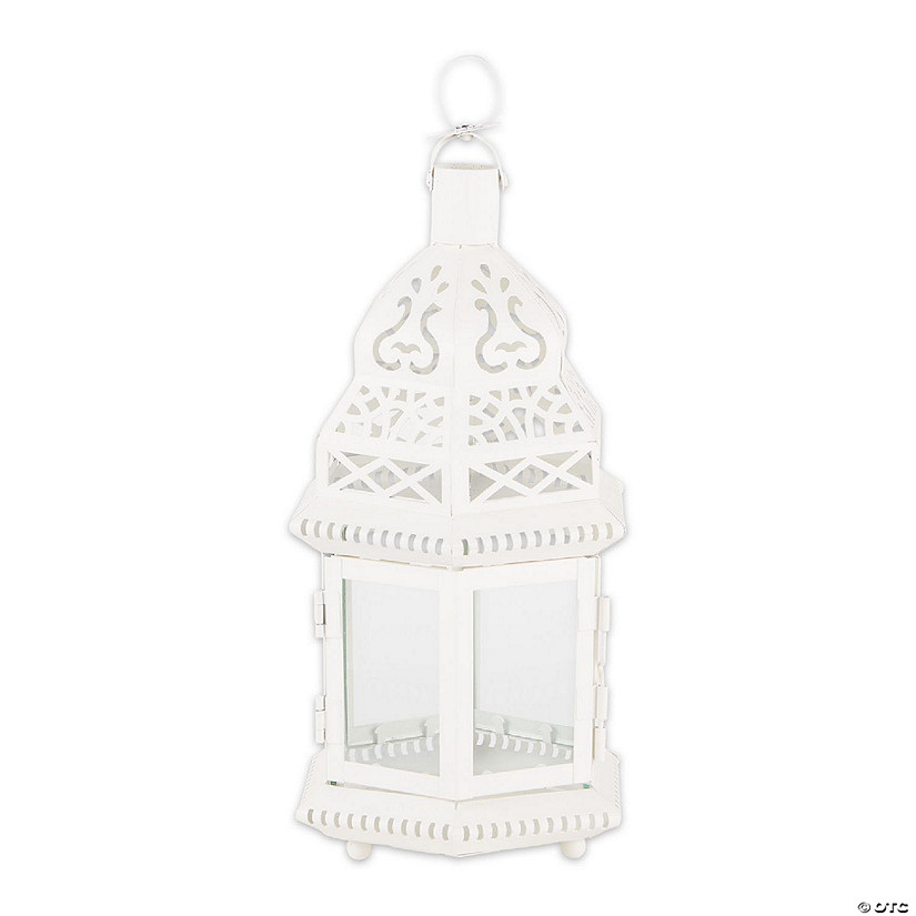White Metal Moroccan Style Hanging Candle Lantern 13" Tall Image