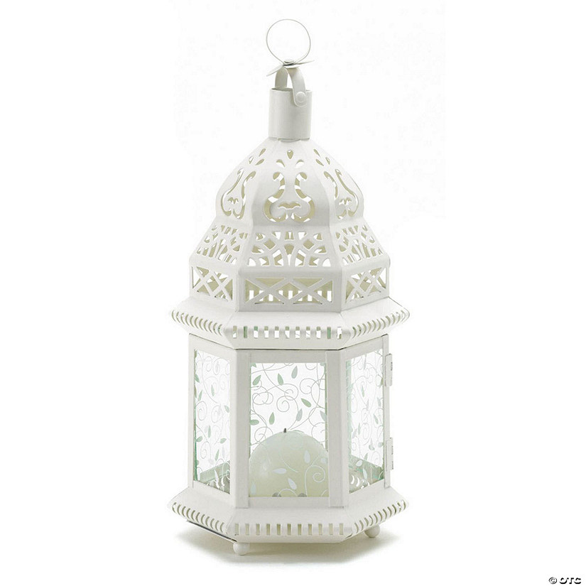 White Metal Moroccan Style Hanging Candle Lantern With Etched Floral Glass 12" Tall Image