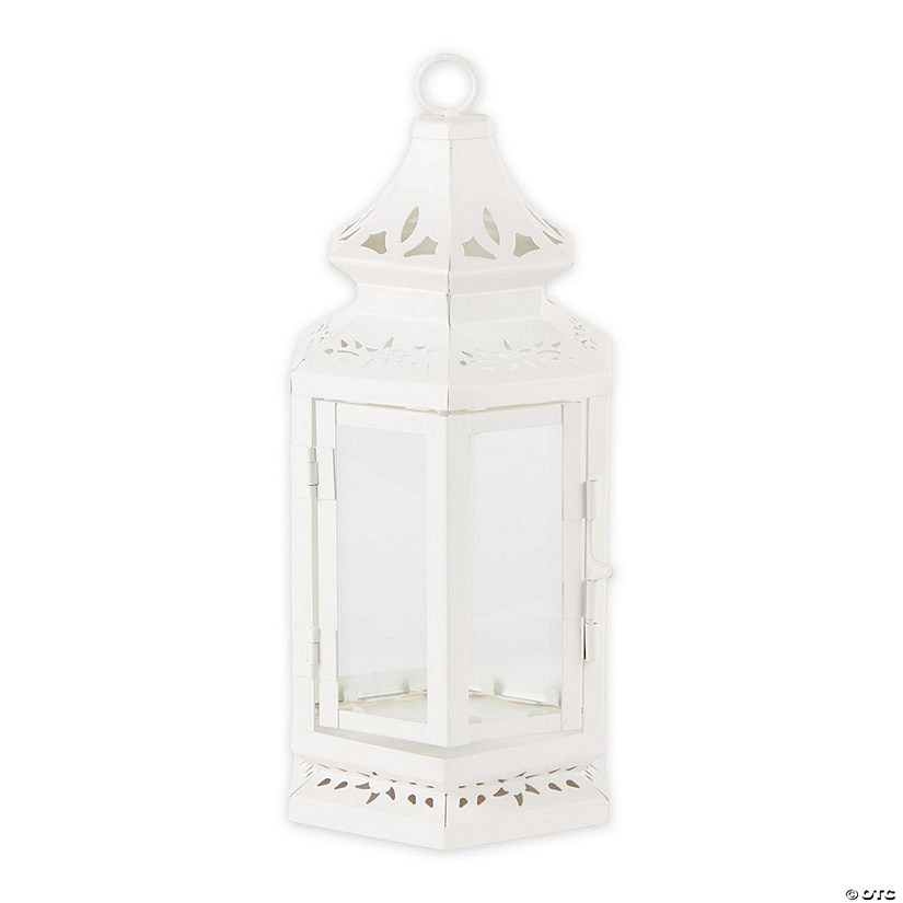 White Metal Victorian Lantern With Floral Cutouts And Glass Panels 10.5" Tall Image