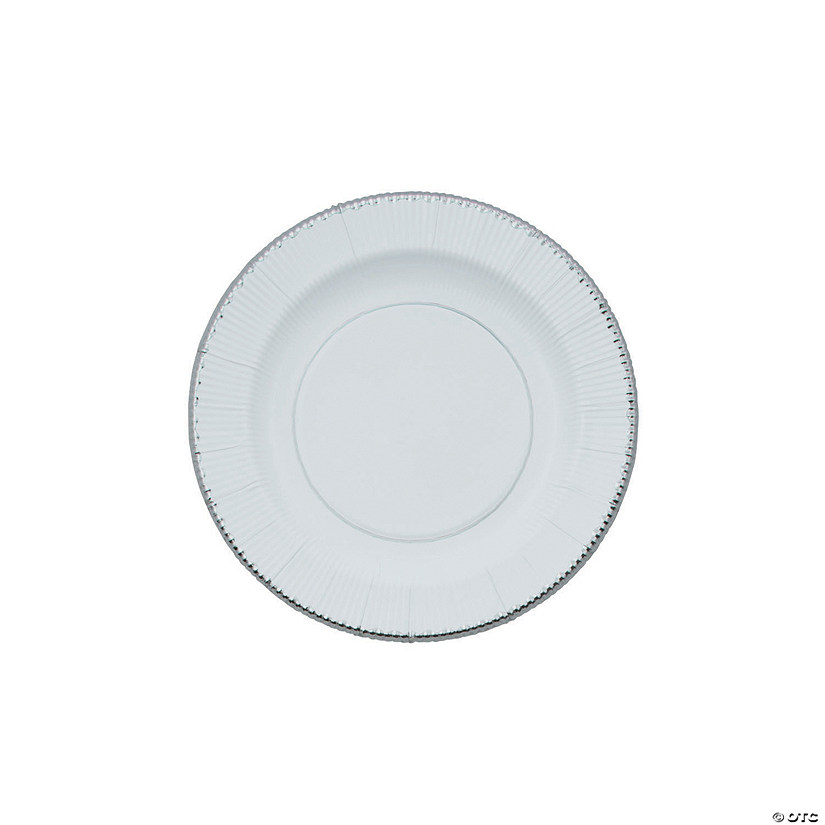 White Paper Dessert Plates with Silver Trim - 8 Ct. Image