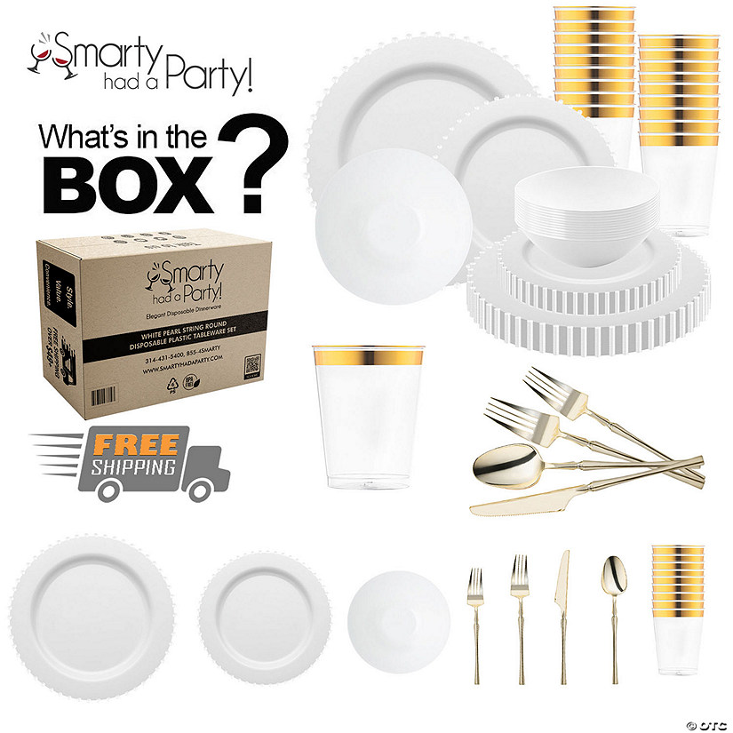 White Pearl String Round Disposable Plastic Tableware Set - (60 Settings) Image