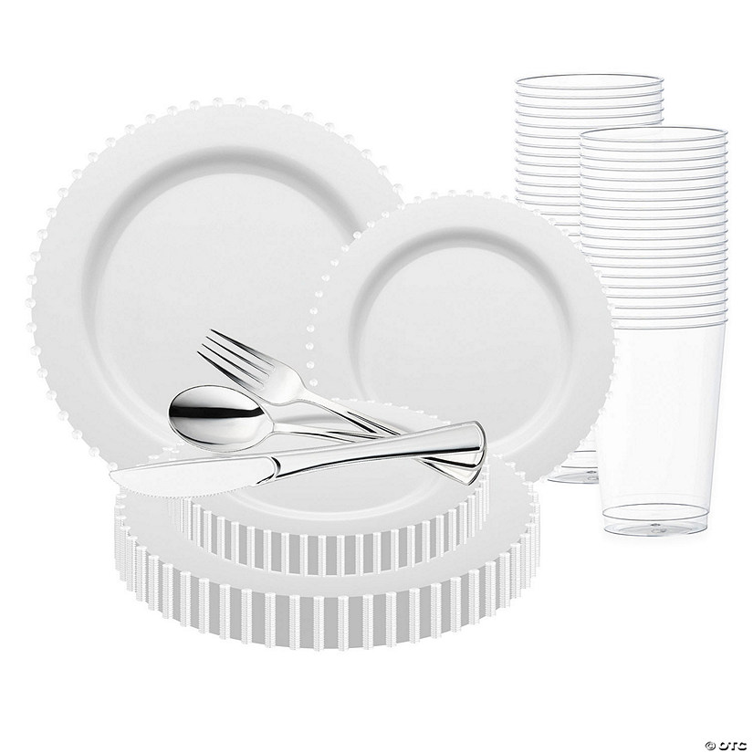 White Pearl String Round Disposable Plastic Wedding Value Set - (20 Settings) Image
