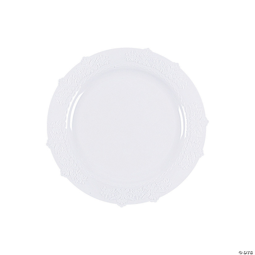 White Plastic Dessert Plates with Vintage Trim - 25 Ct. Image
