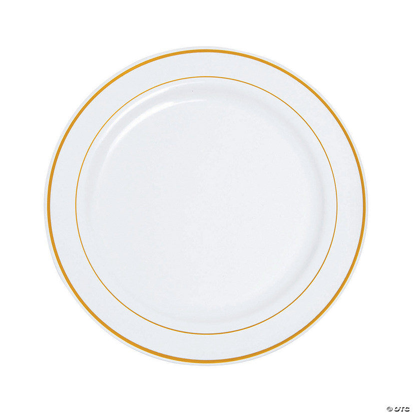 White Plastic Dinner Plates with Gold Trim - 25 Ct. Image