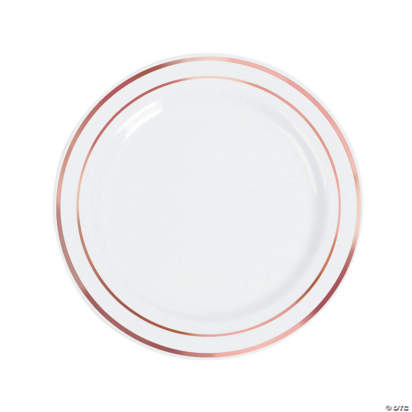 White Plastic Dinner Plates with Rose Gold Trim 25 Ct. Oriental Trading