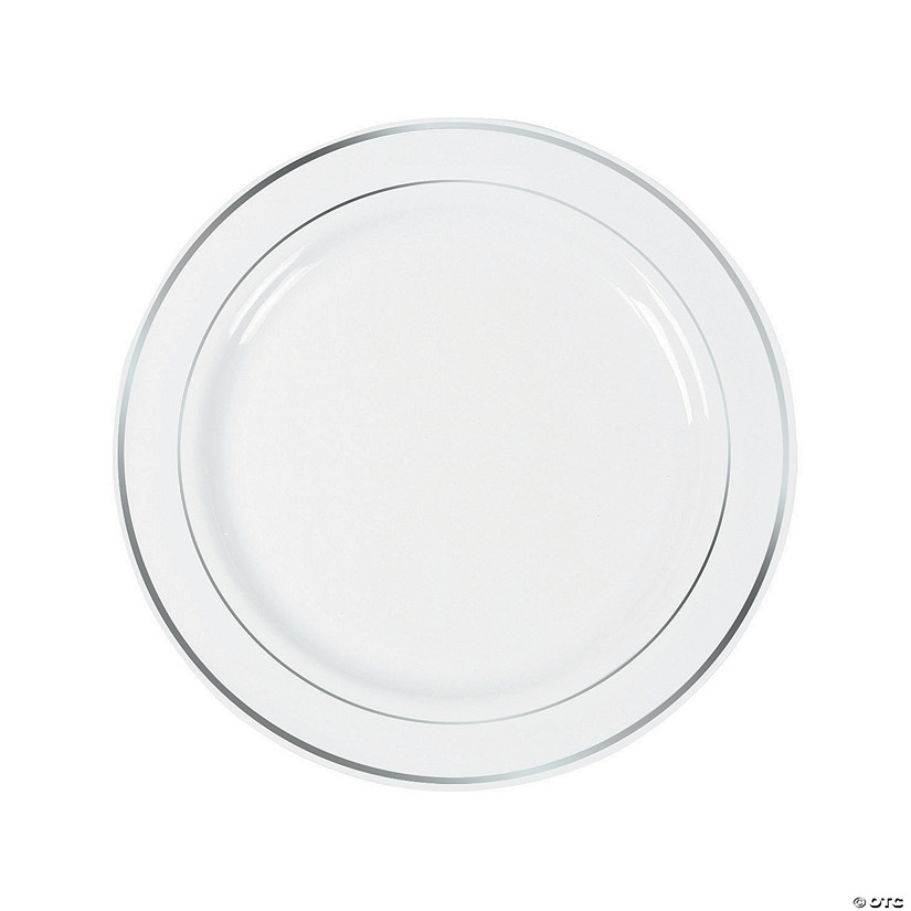 White Plastic Dinner Plates with Silver Trim - 25 Ct. Image