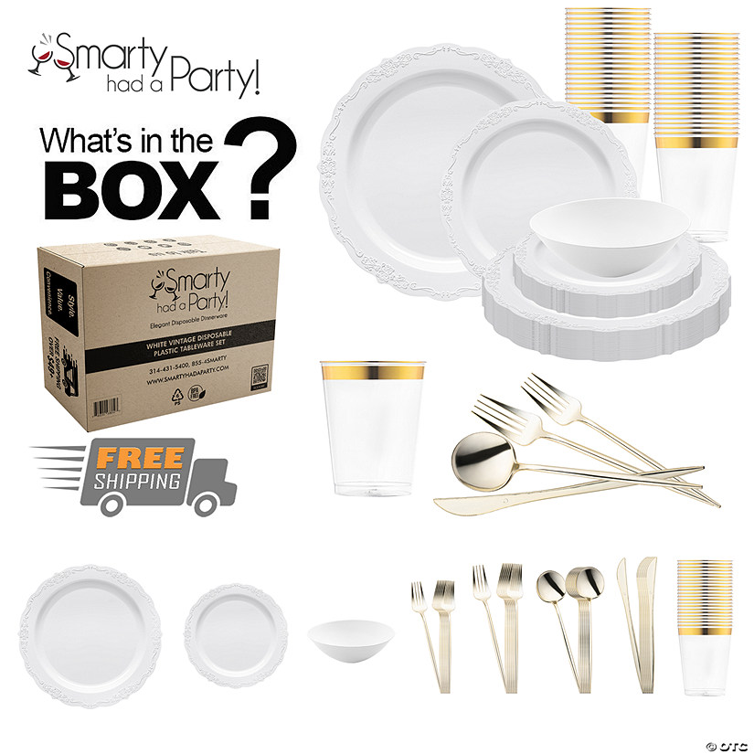 White Vintage Disposable Plastic Tableware Set - 60 Settings Image