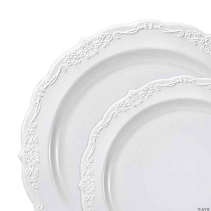 White Vintage Round Disposable Plastic Dinnerware Value Set (120 Dinner Plates + 120 Salad Plates) Image