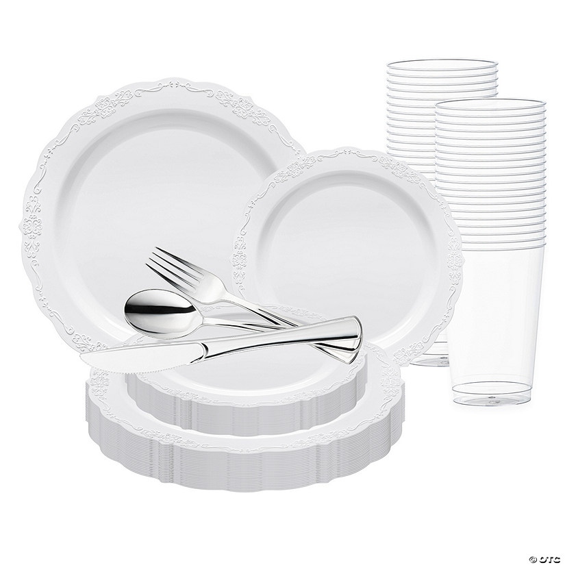 White Vintage Round Disposable Plastic Wedding Value Set - 20 Settings Image