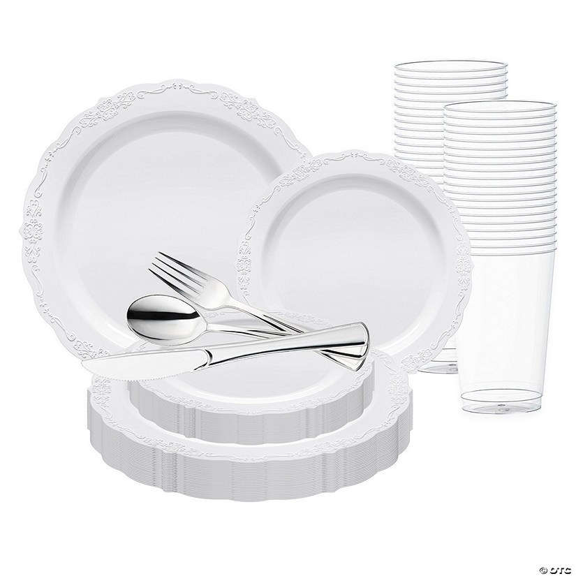 White Vintage Round Disposable Plastic Wedding Value Set - 60 Settings Image