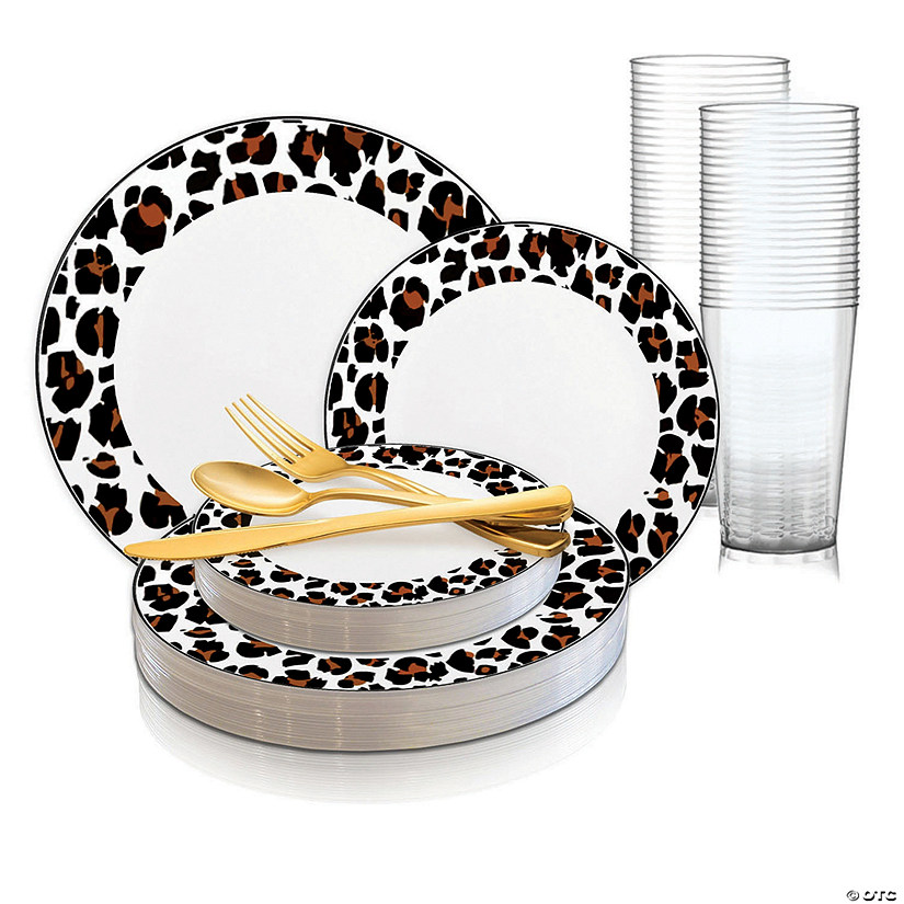 White with Black and Brown Leopard Print Rim Round Disposable Plastic Dinnerware Value Set (20 Settings) Image