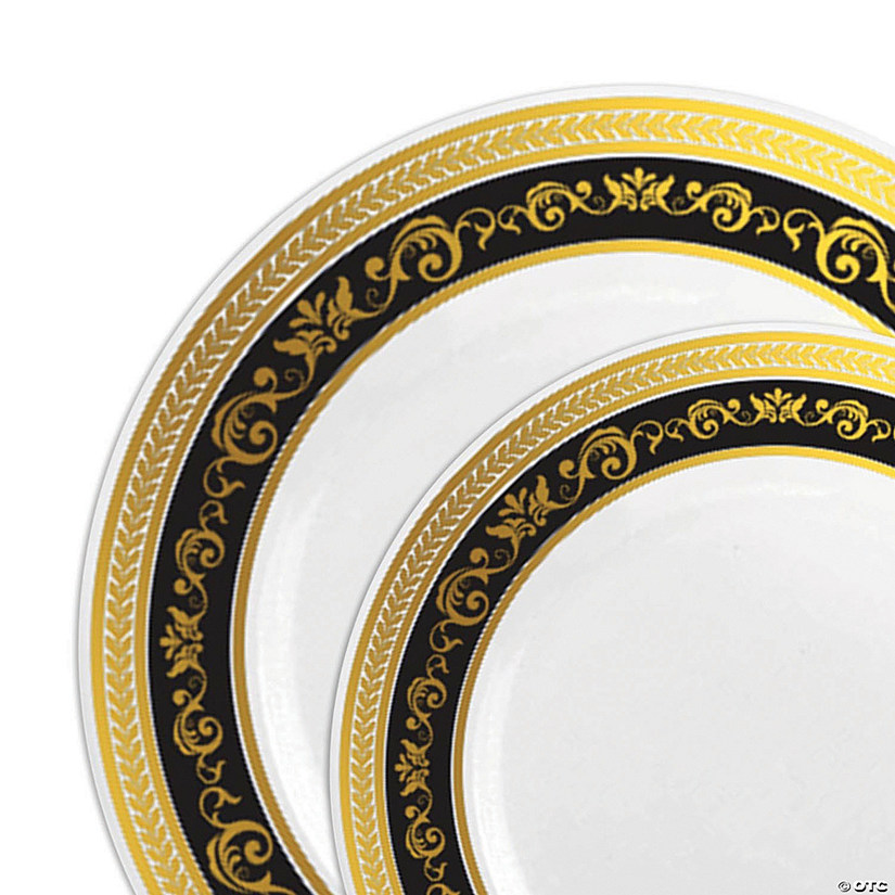 White with Black and Gold Royal Rim Plastic Dinnerware Value Set (40 Dinner Plates + 40 Salad Plates) Image