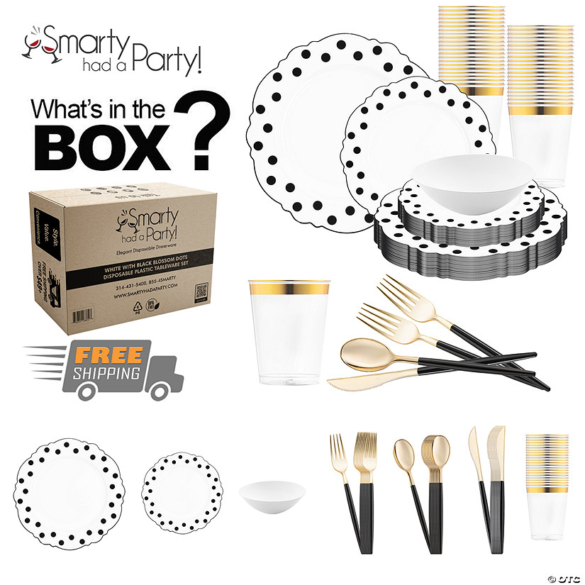White with Black Blossom Dots Disposable Plastic Tableware Set - 120 Settings Image