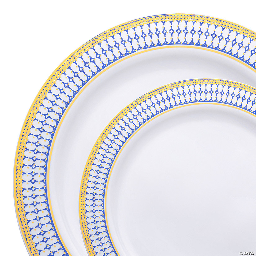 White with Blue and Gold Chord Rim Plastic Dinnerware Value Set (120 Dinner Plates + 120 Salad Plates) Image