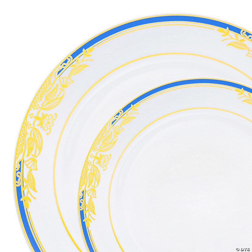 White with Blue and Gold Harmony Rim Plastic Dinnerware Value Set (120 Dinner Plates + 120 Salad Plates) Image