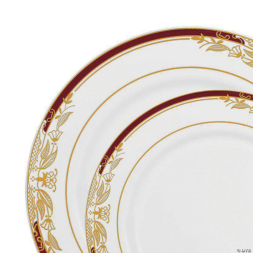 White with Burgundy and Gold Harmony Rim Plastic Dinnerware Value Set (120 Dinner Plates + 120 Salad Plates) Image