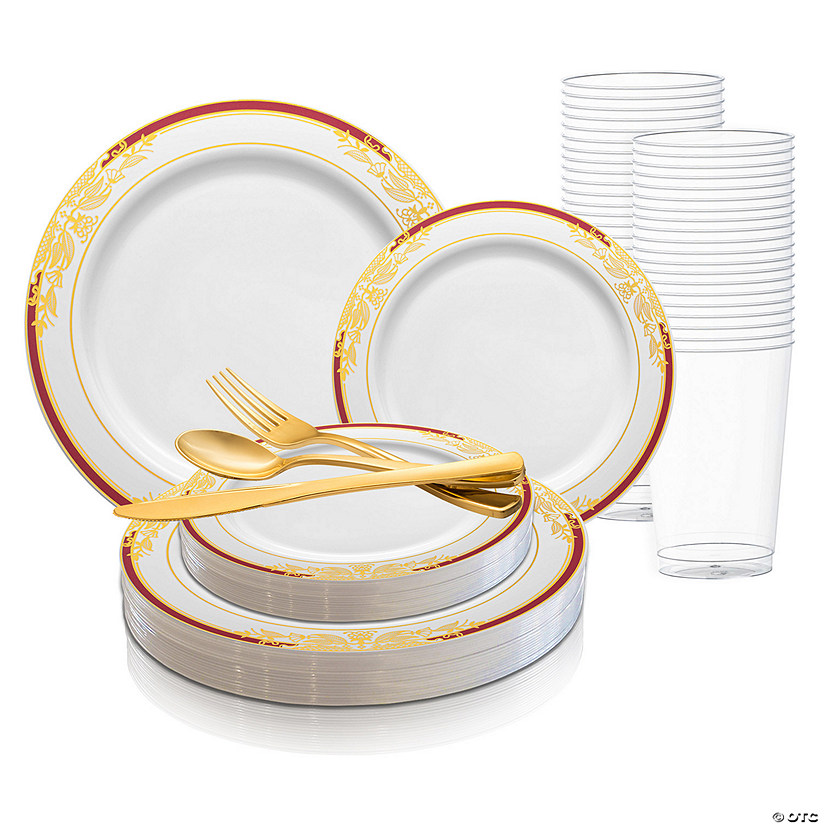 White with Burgundy and Gold Harmony Rim Plastic Wedding Value Set - 60