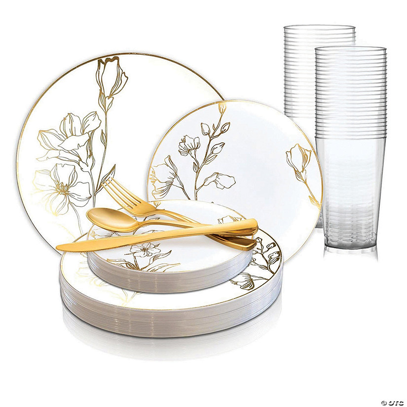 White with Gold Antique Floral Round Disposable Plastic Dinnerware Value Set (20 Settings) Image