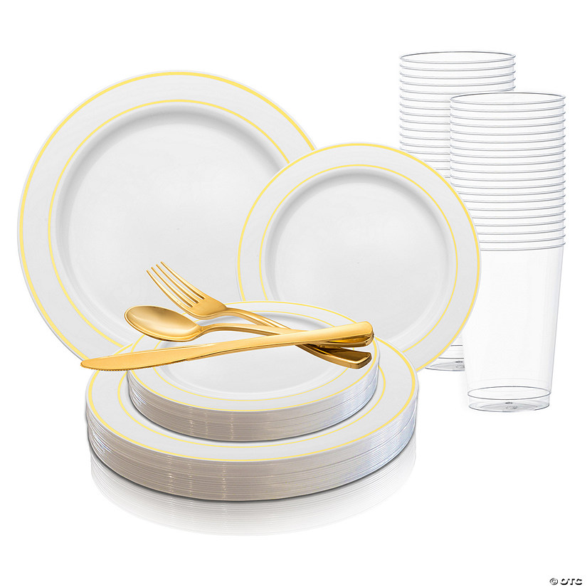 White with Gold Edge Rim Plastic Dinnerware Value Set (20 Settings) Image