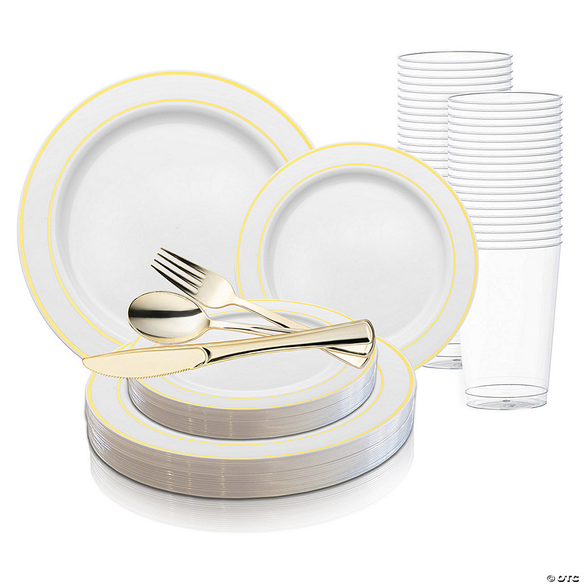 White with Gold Edge Rim Plastic Wedding Value Set - 20 Settings Image