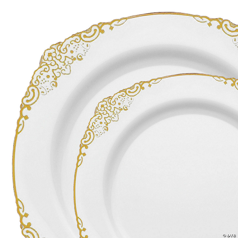 White with Gold Fancy Round Disposable Plastic Dinnerware Value Set - (40 Settings) Image