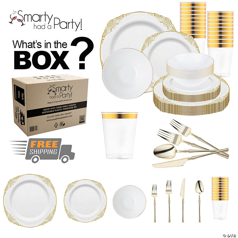 White with Gold Fancy Round Disposable Plastic Tableware Set - (60 Settings) Image