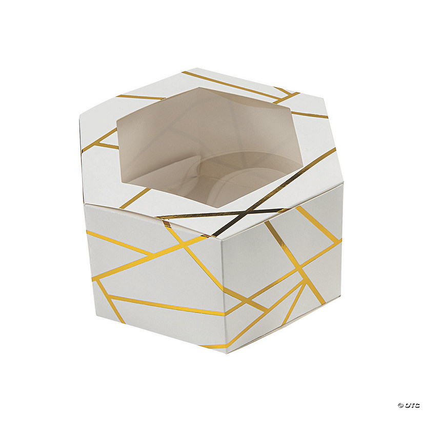 White with Gold Foil Hexagon Favor Boxes with Window - 12 Pc. Image