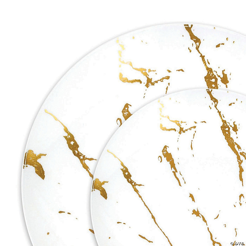 White with Gold Marble Stroke Round Disposable Plastic Dinnerware Value Set (120 Dinner Plates + 120 Salad Plates) Image