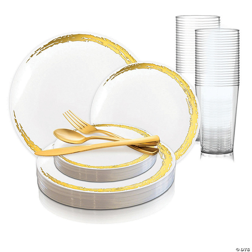 White with Gold Moonlight Round Disposable Plastic Dinnerware Value Set (120 Settings) Image