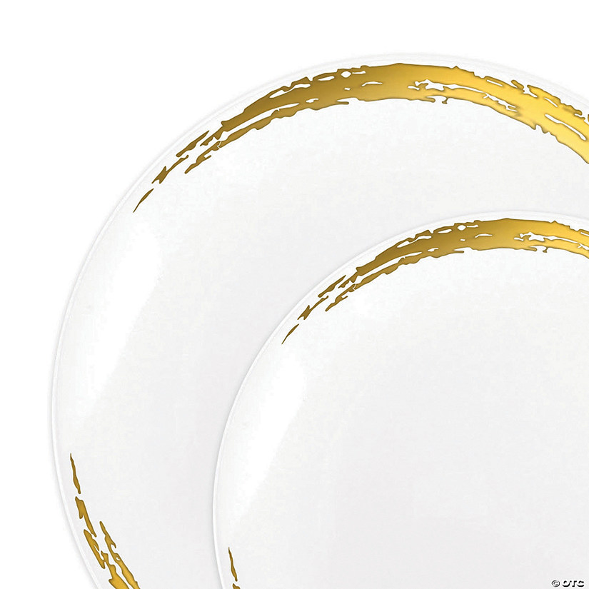 White with Gold Moonlight Round Disposable Plastic Dinnerware Value Set (40 Dinner Plates + 40 Salad Plates) Image