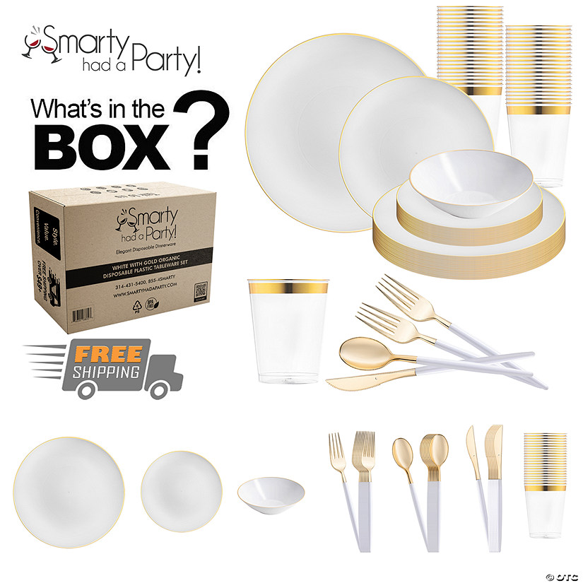 White with Gold Organic Disposable Plastic Tableware Set - 60 Settings Image
