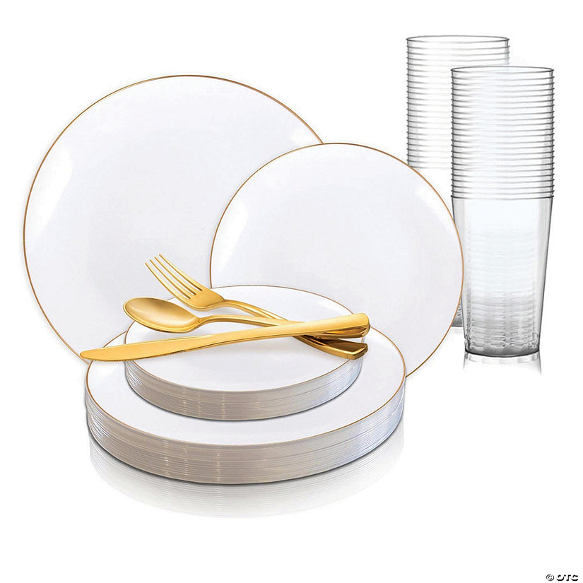 White with Gold Rim Organic Round Disposable Plastic Dinnerware Value Set (120 Settings) Image