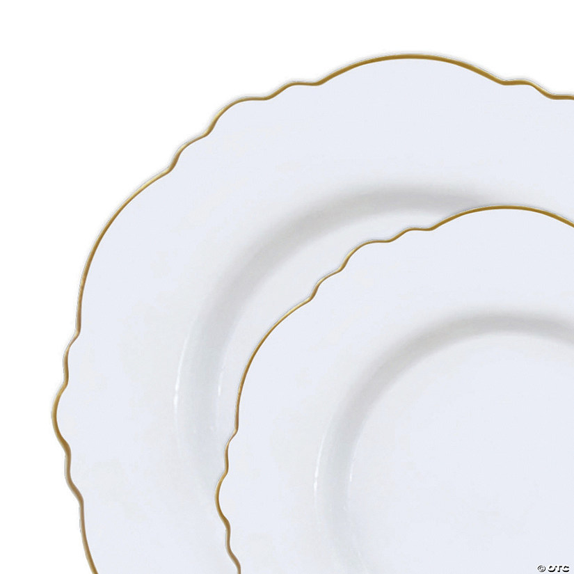 White with Gold Rim Round Blossom Disposable Plastic Dinnerware Value Set (120 Dinner Plates + 120 Salad Plates) Image