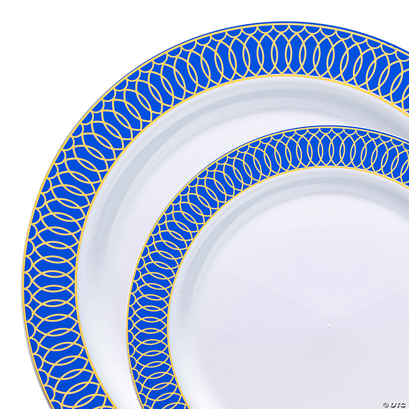 White with Gold Spiral on Blue Rim Plastic Dinnerware Value Set (40 Dinner Plates + 40 Salad Plates) Image