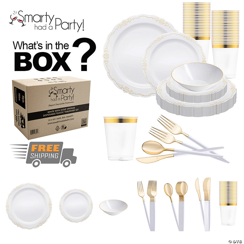 White with Gold Vintage Disposable Plastic Tableware Set - 60 Settings Image