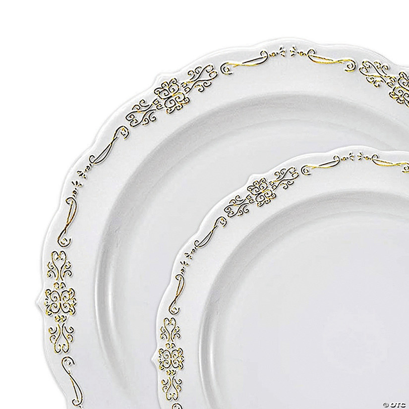 White with Gold Vintage Rim Round Disposable Plastic Dinnerware Value Set (120 Dinner Plates + 120 Salad Plates) Image