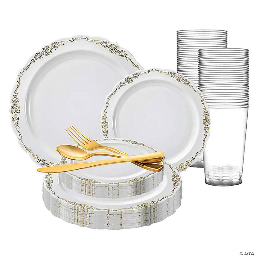 White with Gold Vintage Rim Round Disposable Plastic Dinnerware Value Set (120 Settings) Image