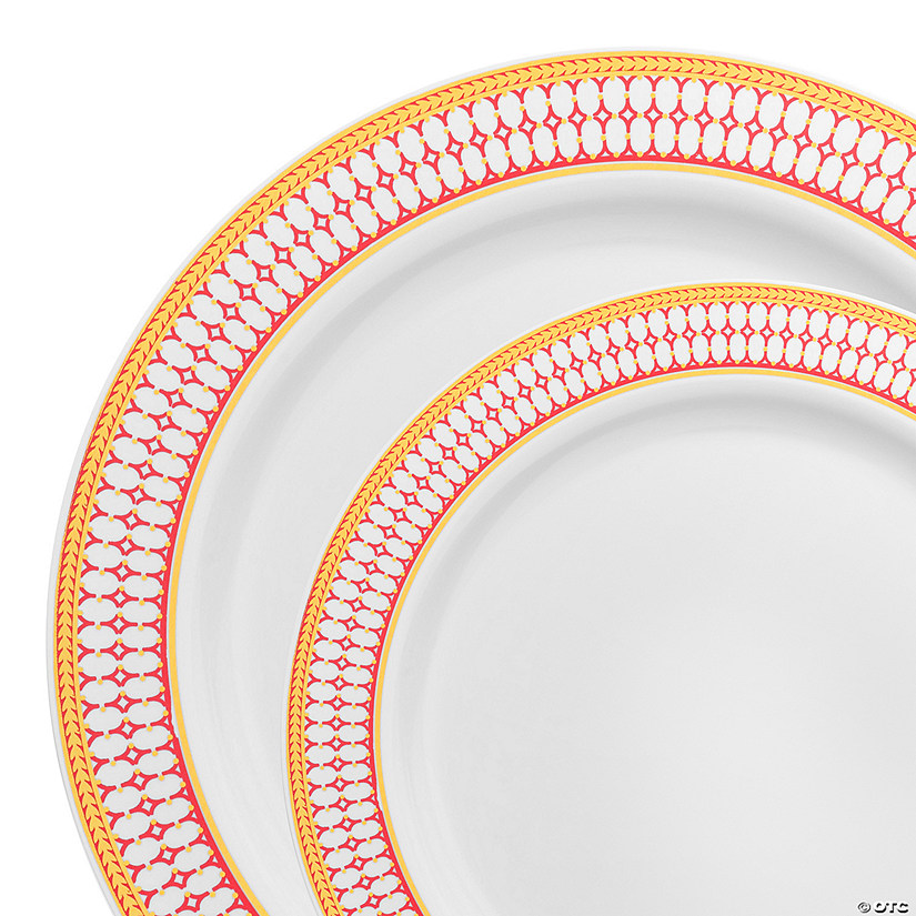 White with Red and Gold Chord Rim Plastic Dinnerware Value Set (120 Dinner Plates + 120 Salad Plates) Image
