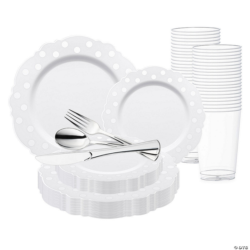 White with Silver Dots Round Blossom Disposable Plastic Wedding Value Set - 120 Settings Image