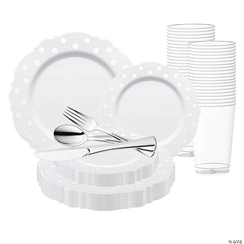 White with Silver Dots Round Blossom Disposable Plastic Wedding Value Set - 20 Settings Image