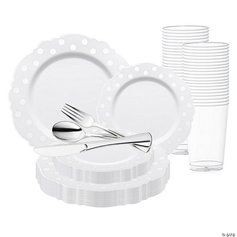 White with Silver Dots Round Blossom Disposable Plastic Wedding Value Set - 60 Settings Image