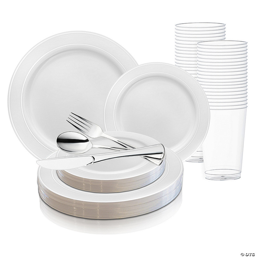 White with Silver Edge Rim Plastic Wedding Value Set - 20 Settings Image
